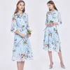 Floral Women Midi Three Quarter Sleeve Dress Bohemian A-Line Bowknot Collar Dresses Female Flower Print Blue Dresses 210514