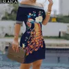 Vrouw jurk slash nek phoenix print elegantie es vrouwelijk van de schouder halve mouw streetwear causale mini voor vrouwen 210520