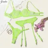Sexy verão fino fluorescente verde feminino lingerie erótica malha transparente roupa interior underwire reunidos sutiã tanga liga conjunto y0911