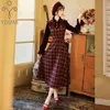 Yosimi vintage plaid vrouwen jurk mid-kalf herfst winter preppy stijl nep set vestidos fluwelen lange mouw elegante jurken 210604