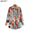 Zeefity Dames Vintage Doek Patchwork Print Casual Slanke Smok Blouse Office Dames Turn Down Collar Shirt Chic Blusas Tops LS9148 210603