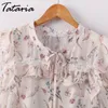 Tataria Lose Blumengedruckte Chiffon Bluse Frauen Elegante Rüschen Blusen Hemd Sleeveless Bogen gebundene Hals Camisas Blusas Tops 210514