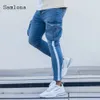 Samlona 2021 Nieuwe Patchwork Jeans Streep Heren Mode Motcycle Demin Broek Multi-pocket Broek Slanke Bodem Plus Size Mannen Trouser238M