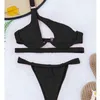 GNIM Sexy Hollow Out Swimwear Women Push Up Bikini Mujer One Shoulder Solid Thong Swimsuit Female 2 Piece Micro Bather Suit 210712