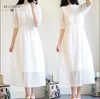 Mori Girl Summer Women White Lace Partydresses Koreanska Chic Sweet Hollow Out Vestidos Verano Half Sleeve Elegant Midi Dress 210520