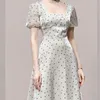 レトロな正方形の襟のポルカドットプリント女性のドレスレディース半袖夏ラインパーティーVestidos DE 210520
