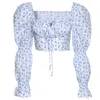 Propcm Tops Blue Floral Imprimir Laço Dianteira Blusas Camisas Quadrado Collar Softuais Sleeve Elegante Vintage Shirt Camisa Tee Chic Roupas
