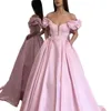 Elegant Off Shoulder Prom Dresses Puffy Sleeve 2022 Simple Long Pink Satin Formele Avondjurken Zoete 16 Jurk Speciale gelegenheden Dragen met zakken