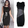 Frauen Kurze Party Kleider Elegante Kunstleder Splice OL Schwarz Bleistift O Neck Ärmellos Schlank Sexy Bodycon 210514