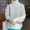 Aelegantmis femmes solide bleu blanc col roulé pull côtelé mode coréenne Vintage doux chaud tricot décontracté Chic 210607