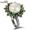 Dreamcarnival1989 Blossoming Flower Rings for Women Promise Wedding Unique Green Zircon White Pearl Elegant Wife Gift WA11719 211217