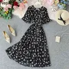 Korean Ins V Neck Short Sleeve Bohemian Dress High Wasit Hip Print En Linje Vestido Sommarlov Beach Long Ropa 49393 210422