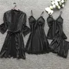 Women's Sleepwear 4pc Silk Robe Sleep Suit Womens Lace Satin Pajamas Gown Set V-neck Cami Nighties Wear Pijama Female Spring Home Nightwear