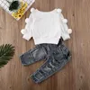 Pudcoco enfant en bas âge bébé fille vêtements couleur unie boule de cheveux pull hauts déchiré Denim pantalons longs 2 pièces tenues coton vêtements ensemble X0902