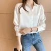 Camisa blanca Blusa de manga larga para mujer Blusa suelta OL Botón de moda Camisa de seda satinada Vintage Mujer Mujer 819F 210420
