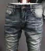 Włoski styl Moda Mężczyźni Dżinsy Wysokiej Jakości Elastyczne Slim Fit Ripped Dżnowie Spodnie Homme Retro Wash Vintage Designer Długie Spodnie