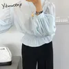 Yitimuceng azul blusa mulher ruffles ruffles tops coreano moda longa lanterna manga escritório senhora camisa primavera verão 210601