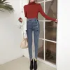 Kvinnors jeans ead 2022 Spring Korean Retro High midjan Enkelt breasted smal elastisk fotpennor med stor storlek