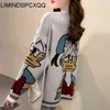 Vrouwen Sweaters Vesten Tops Button Office Dame Sweater Herfst Spring Koreaanse Mode Gebreide Jas Cartoon Print Losse Knitwear 211117