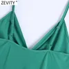Zevity Women Sexy Pleated Design V Neck Green Color Sling Dress Female Chic Backless Casual Slim Party Beach Vestido DS8274 210603