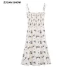 Retro Elegant Elastic Body Long Sling Dresses France Fresh Leaves Floral Print Vintage Women Summer Dress Holiday 210429