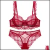 Bras Sets Womens Underwear Apparel Sexy Transparent Bow Set Wine Red Unlined Back Closure Bra For Women Think Lace Adjusted-Straps Drop Deli