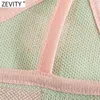 Zevity Frauen Swee Plaid Print Kurze Strick Sling Pullover Weibliche Spaghetti Strap V-ausschnitt Weste Chic Sommer Crop Tops SW718 210603