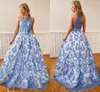 2021 Royal Blue Floral Lace Formal Prom Dresses Halter Top Lange Open Back A-lijn Prinses Avond Elegante Speciale Gelegenheid Damesjurk