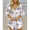 Women Shirt Dress Fashion Striped Print Lady Long Sleeve Blouse Turn Down Collar Ruched Button Front Tops