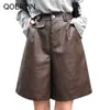 Qoerlin New PU couro shorts cintura alta bermuda faux solto casual rua desgaste bicicleta 210323