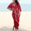 Embroidery Kaftan Beach Tunic Cotton Cover up Saida de Praia Swimsuit Women Bikini cover Pareo Sarong wear #Q854 210420