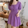 Été Col carré à manches courtes Plus Taille Robe violette Filles Mini Slim Doux Doux Solide Rétro Robe Feminino Blanc 210429