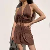 Brun Sexig Deep V Neck Backless Camis Halter Y2K Top och Pleated Skirt Suit for Women Loungewear Tracksuit Summer 2 Piece Set 210415