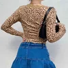 Y2K V Neck Leopard Drukowane Damskie Topy Harajuku Casual Z Długim Rękawem Cardigan Button Koszula Panie Fastion Crop Tops Kobiety Odzież 210515