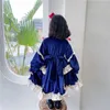 Wholesale Spring Girls Party Dresses Long Puff Sleeves Lolita Style Red Bow Velvet Princess Girl Clothes E8055 210610