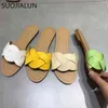 SUOJIALUN 2021 Women Brand Slippers New Summer Flat Heel Slides Open Toe Flat Casual Beach Flip Flop Ladies Leisure Sandal Shoes K78