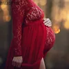 Lace Maternity Klänningar för Po Shoot Elegant Långärmad Bodysuit + High Split Gravidy Maxi Gown Dress Baby Shower Praphy 210922
