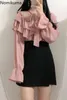Nomikuma Ruffle Bow Tie Collar Långärmad Rosa Skjorta Blusa Femme Solid Färg Ruffles Blus Kvinnor Vintage Sweet Tops 3D130 210514