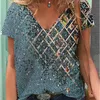 プラスサイズの女性Tシャツタイ色の幾何学的プリントVネック半袖Tシャツストリートウェアカジュアルファッションヨーロッパの女性ティーズトップスY0621