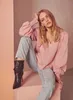 Casual losse roze blouses vrouwen zoete v-hals lantaarn lange mouw rib tops herfst krimpkanchet Solid truien shirt femme 210507