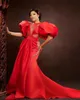 Драгоценные камни с коротким рукавом вечернее платье русалка жемчуг мода обнаженные долиные длинные красные ковровые платья