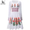 Summer Fashion Designer Mini Cotton Dress Women Long sleeve Beautiful Flower Embroidery Elegant White 210522