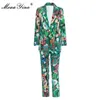 Mode Designer Suit Spring Herfst Vrouwen Lange Mouwen Tops + Broek Monkey Green Leaf Cactus Print Tweedelige Set 210524
