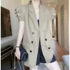 Korea Chic Simple Ladies Jacket Dubbelbröst Ruffled Ärmlös Temperament Modig Khaki Vest Summer 210510