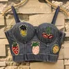 Cowboy Perlen Push Up Denim Bustier Crop Top Frauen Ripped Sexy Cropped Feminino Riemchen Bralette BHs Camis Tops 210527