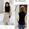 Hollow Out Sleeveles Camisetas de punto Urtleneck Black Lace Sexy Lady Chaleco Camisas Pink Loose Summer Thin Knit Ops 210623