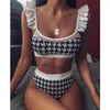 2020 Seksi Ekose Baskı Bikini Mayo Kadınlar İki Adet Mayo Fırfır Bikini Seti Mesh Patchwork Mayo Yaz Plajı Aşınma X0522