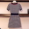 Vintage Fashion Robes Plaid Knitting Sweater Summer Dress Women Elegant Short Sleeve Casual Bodycon Party Vestidos 210514