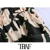 Traf Women Fashion Side Fickets Floral Print Pants Vintage High Elastic Midj Ruffled Hem Female Ankle Trousers Mujer 210415