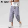 Zongke Calf-Length Linen Pants Men Trousers Chinese Size 5XL Korean Fashion Mens Pants Work Black 2022 Spring New Arrivals Y220308